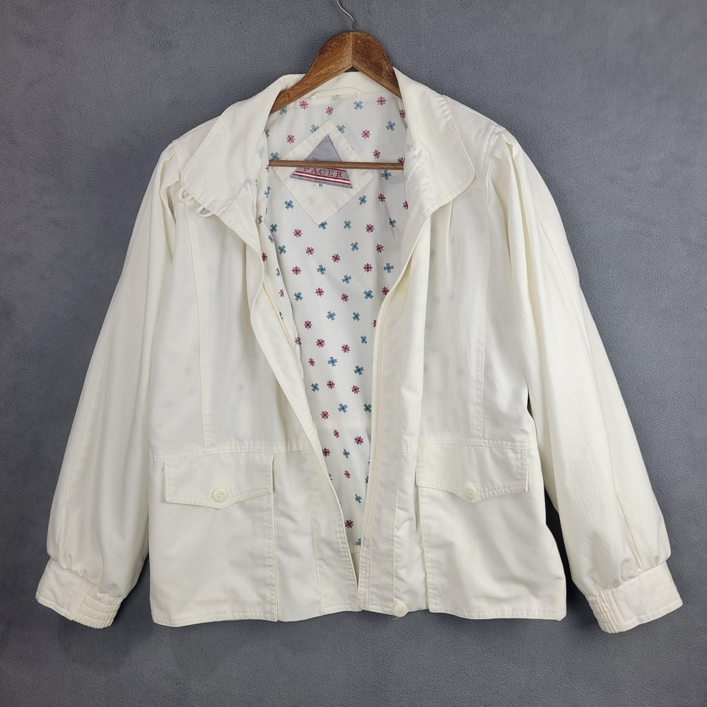 Vintage Pacer Jacket Womens XL White Lightweight Bomber Windbreaker Pockets 80s